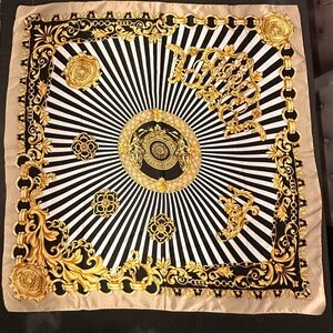 Baroque Gold Silk Scarf Black Ivory | Luxury Satin Square
